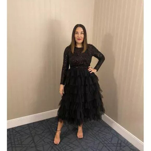 MAC DUGGAL Sequined Layered Tulle A-Line Cocktail Dress in Black Size US 6 - Picture 2 of 10